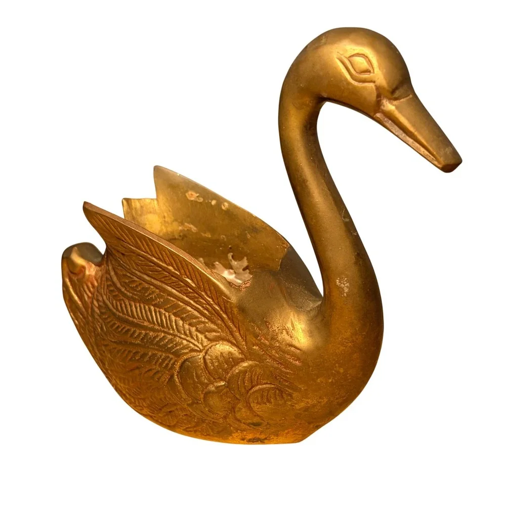 Vintage Brass Swan Planter Deep Catchall Feather Details MCM Decor 6
